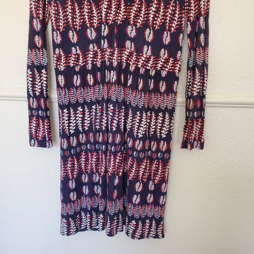 Tory Burch Navy Red Leaf Print V-Neck Long Sleeve Jersey Dress Small 51152494